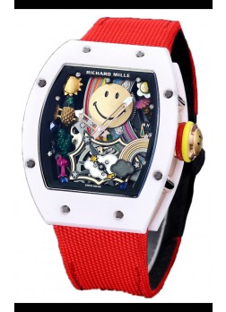 Richard Mille RM088 Reloj Réplica Tourbillon Smiley Caja Cerámica Blanca Correa Nylon Roja