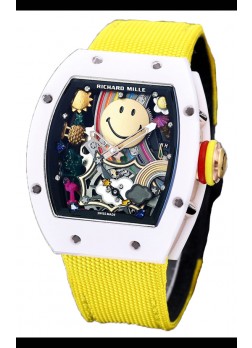Richard Mille RM088 Reloj Réplica Tourbillon Smiley Caja Cerámica Blanca Correa Nylon Amarilla