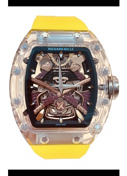 Richard Mille RM047 Samurai Genuino Tourbillon Reloj Correa Amarilla Caja en Zafiro