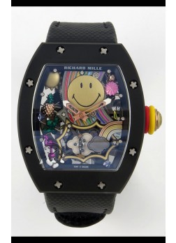 Richard Mille Super Clone RM088 Smiley Tourbillon Cerámica Negra Reloj Correa Velcro