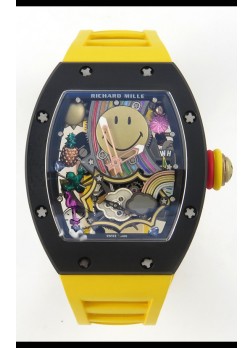 Richard Mille Super Clone RM088 Smiley Tourbillon Cerámica Negra Reloj Correa de Goma