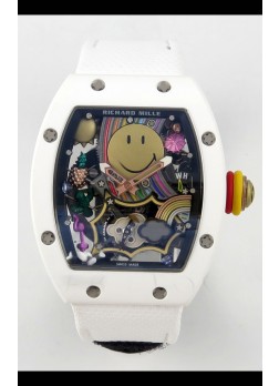 Richard Mille Super Clone RM088 Smiley Tourbillon Cerámica Blanca Reloj Correa Velcro