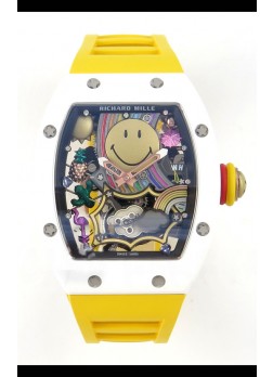Richard Mille Super Clone RM088 Smiley Tourbillon Cerámica Blanca Reloj Correa de Goma