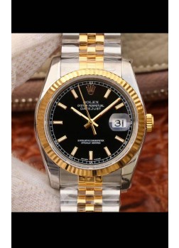 Rolex Datejust 36MM Movimiento Cal.3135 Reloj Réplica Suizo en Acero 904L Caja en Dos Tonos Dial Negro