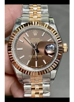 Reloj Rolex Datejust Super Clone Dial Marrón Dos Tonos Oro Rosado 28MM
