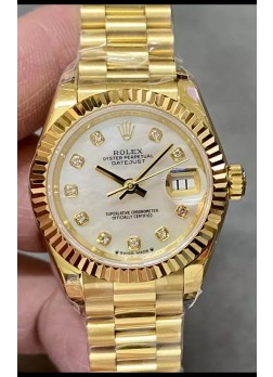 Reloj Rolex Datejust Super Clone Dial Perla Caja Oro Amarillo 28MM
