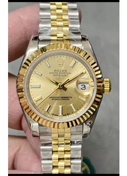 Reloj Rolex Datejust Super Clone Dial Dorado Dos Tonos Oro Rosado Amarillo 28MM