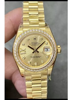 Reloj Rolex Datejust Super Clone Dial Dorado Caja Oro Amarillo 28MM