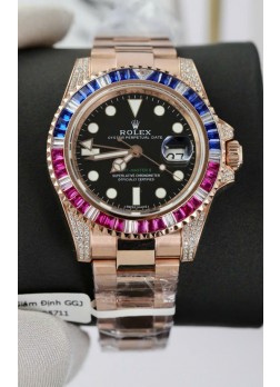 Reloj Rolex GMT Masters Super Clone Diamantes Suizos con Caja de Oro Rosado 904L - Calidad Espejo 1:1