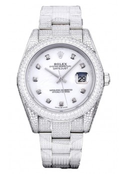 Rolex Datejust 41MM Réplica Suiza - Edición Iced Out con Dial en Blanco Perla