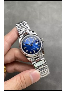 Rolex Day Date Super Clone Acero Inoxidable Dial Azul Reloj Numerales en Diamantes 36MM - 1:1 Calidad Espejo