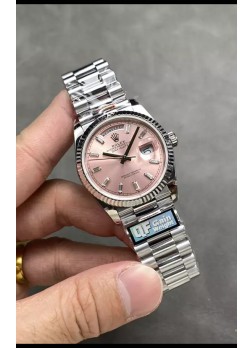 Rolex Day Date Super Clone Acero Inoxidable Dial Rosa Reloj Marcadores Hora en Cristal 36MM - 1:1 Calidad Espejo