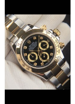 Rolex Daytona Movimiento Japonés Dos Tonos Caja de Oro Reloj en Dial Negro 