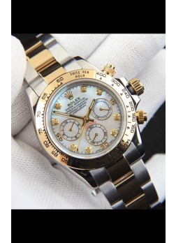 Rolex Daytona Movimiento Japonés Dos Tonos Caja de Oro Reloj en Dial Perla 