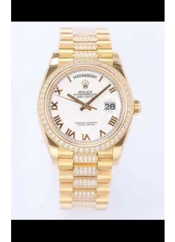 Rolex Day Date Presidential Reloj Oro Amarillo 18K 36MM - Dial Blanco en Romanos Calidad a Espejo 1:1